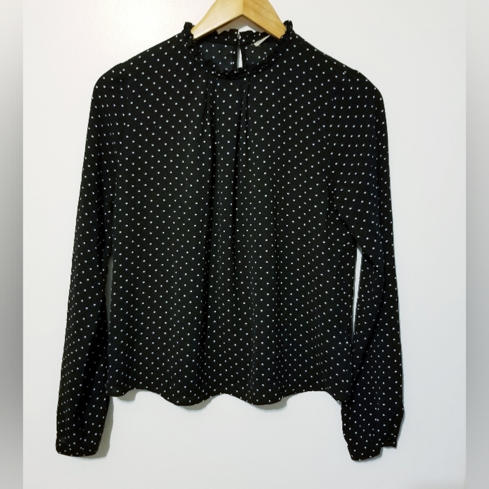ACTIVE USA Black Polka Dot Mock Neck Blouse LongSleeve Ruffle Collar Size S